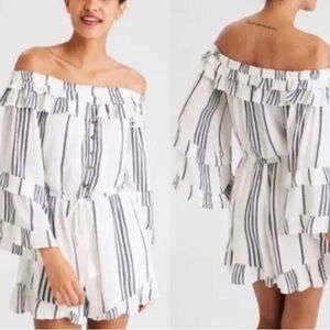 American Eagle Outfitters Boho Off-Shoulder Striped Ruffle Shorts Romper